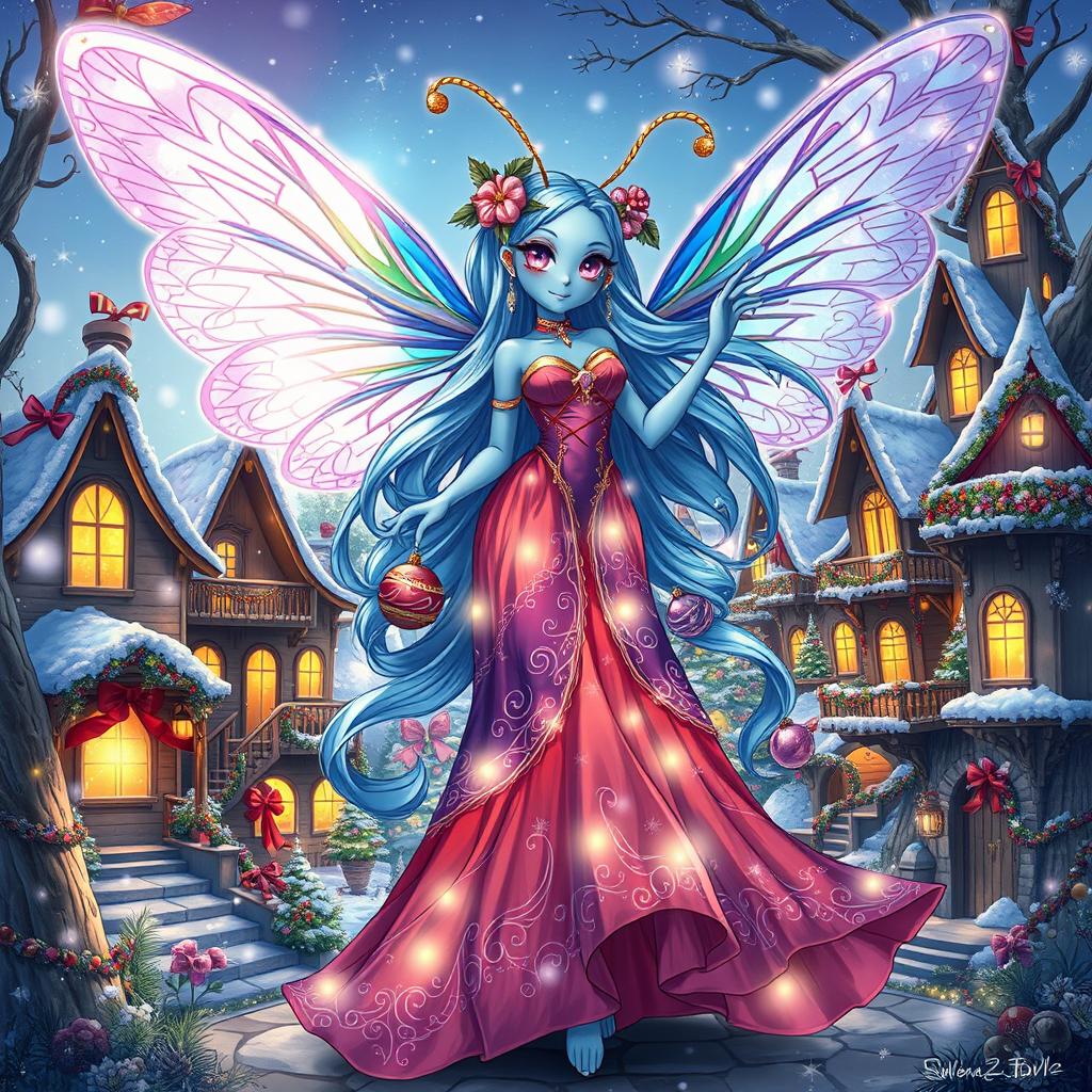 An enchanting anime-style illustration of a blue-skinned female alien moth person, infused with holiday magic