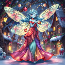 An enchanting anime-style illustration of a blue-skinned female alien moth person, infused with holiday magic
