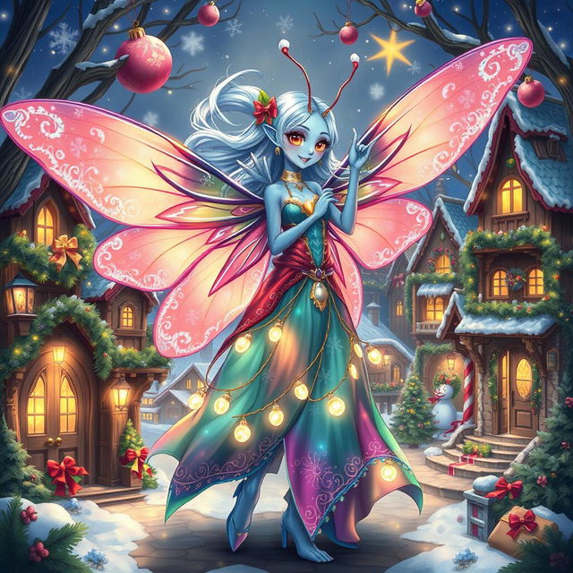 An enchanting anime-style illustration of a blue-skinned female alien moth person, infused with holiday magic
