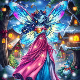 An enchanting anime-style illustration of a blue-skinned female alien moth person, infused with holiday magic