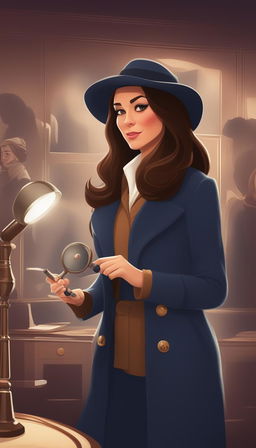 A Disney-style digital art piece depicting Kate Middleton, the Duchess of Cambridge, in a detective coat and hat, meticulously examining a crime scene with a magnifying glass