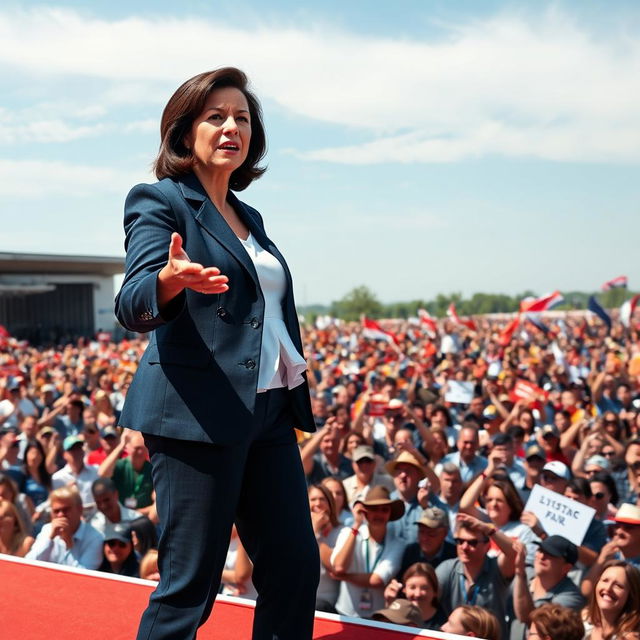 A dynamic scene depicting a powerful leader standing confidently on a stage, addressing a large and enthusiastic crowd gathered in a vast open ground