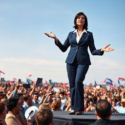 A dynamic scene depicting a powerful leader standing confidently on a stage, addressing a large and enthusiastic crowd gathered in a vast open ground