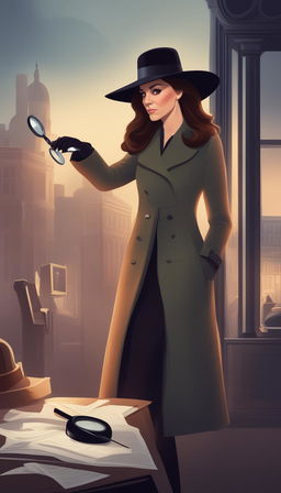 A Disney-style digital art piece depicting Kate Middleton, the Duchess of Cambridge, in a detective coat and hat, meticulously examining a crime scene with a magnifying glass