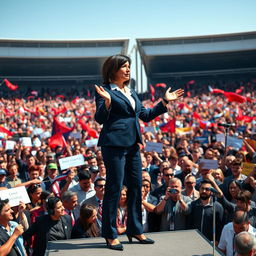 A dynamic scene depicting a powerful leader standing confidently on a stage, addressing a large and enthusiastic crowd gathered in a vast open ground