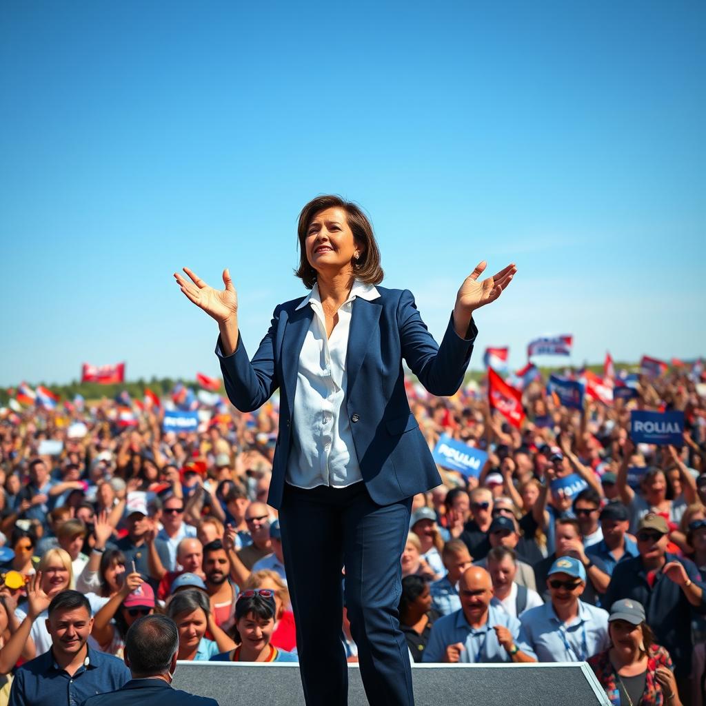 A dynamic scene depicting a powerful leader standing confidently on a stage, addressing a large and enthusiastic crowd gathered in a vast open ground