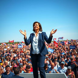 A dynamic scene depicting a powerful leader standing confidently on a stage, addressing a large and enthusiastic crowd gathered in a vast open ground