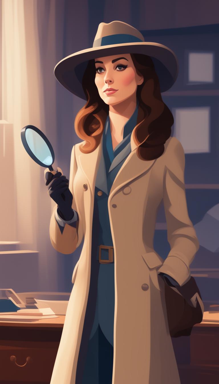 A Disney-style digital art piece depicting Kate Middleton, the Duchess of Cambridge, in a detective coat and hat, meticulously examining a crime scene with a magnifying glass