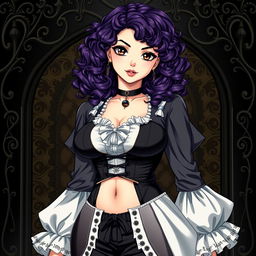 A Brazilian girl inspired by Black Butler, approximately 18 years old, featuring medium-length curly purple hair type 4A