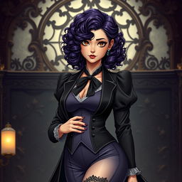 A Brazilian girl inspired by Black Butler, approximately 18 years old, featuring medium-length curly purple hair type 4A