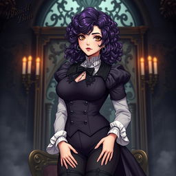 A Brazilian girl inspired by Black Butler, approximately 18 years old, featuring medium-length curly purple hair type 4A