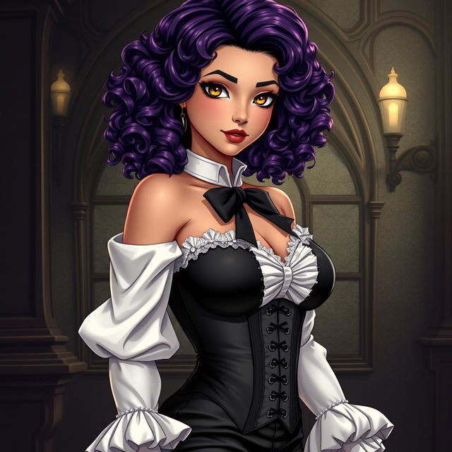 A Brazilian girl inspired by Black Butler, approximately 18 years old, featuring medium-length curly purple hair type 4A