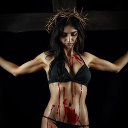 A powerful and dramatic portrayal of a woman named Sahar Al-Sayegh, depicted wearing a black bikini
