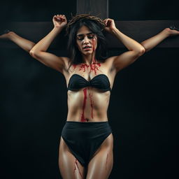 A powerful and dramatic portrayal of a woman named Sahar Al-Sayegh, depicted wearing a black bikini