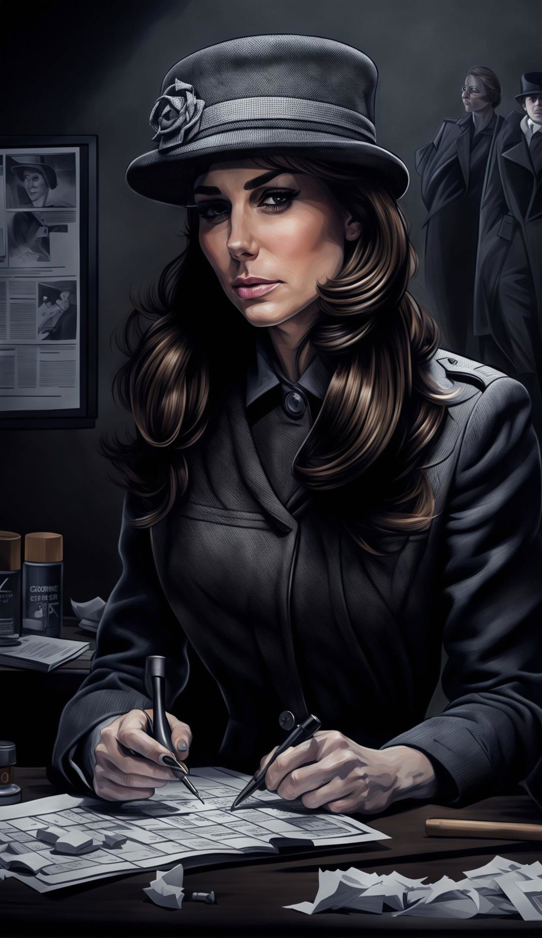 A realistic digital art piece depicting Kate Middleton, the Duchess of Cambridge, in a detective coat and hat, meticulously examining a crime scene with a magnifying glass