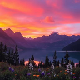 A serene landscape depicting a tranquil lake surrounded by tall, majestic mountains