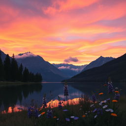 A serene landscape depicting a tranquil lake surrounded by tall, majestic mountains