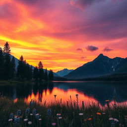 A serene landscape depicting a tranquil lake surrounded by tall, majestic mountains