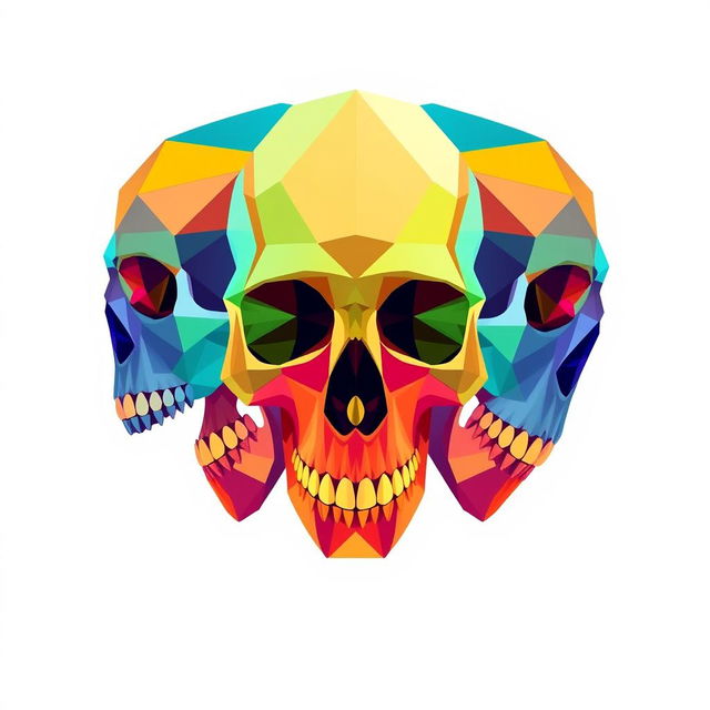 Skulls designed in a geometric style, composed of simple geometric shapes such as triangles, squares, and circles