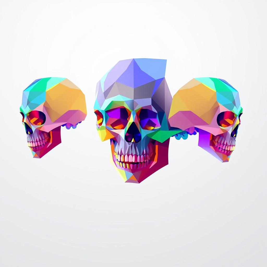 Skulls designed in a geometric style, composed of simple geometric shapes such as triangles, squares, and circles