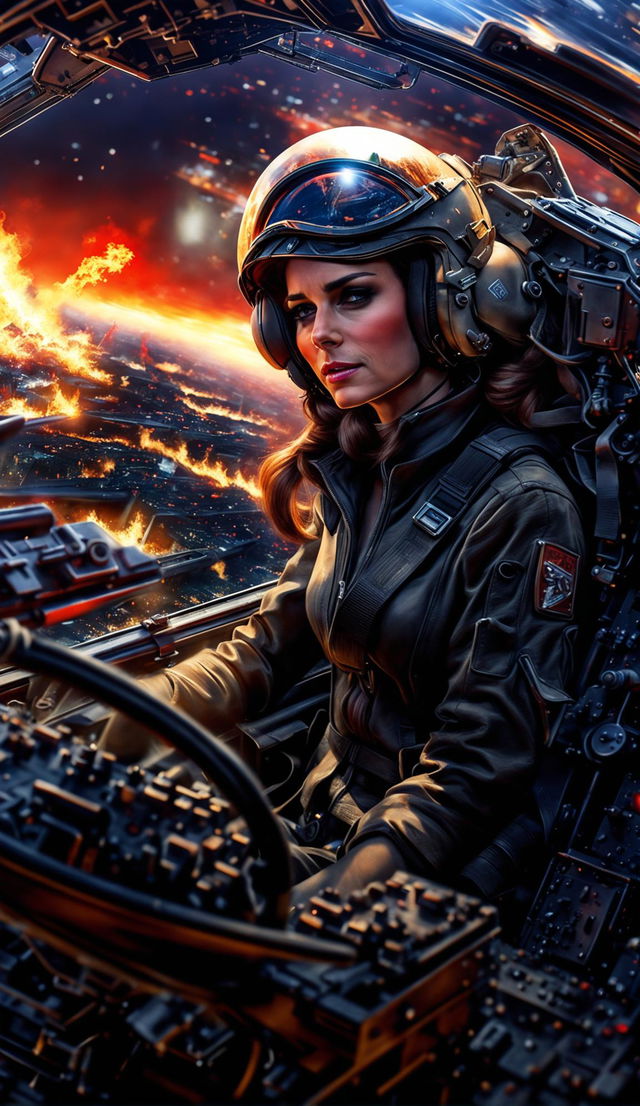 A high-quality 3D render depicting Kate Middleton, the Duchess of Cambridge, piloting a fighter jet over a city engulfed in flames, displaying courage and determination