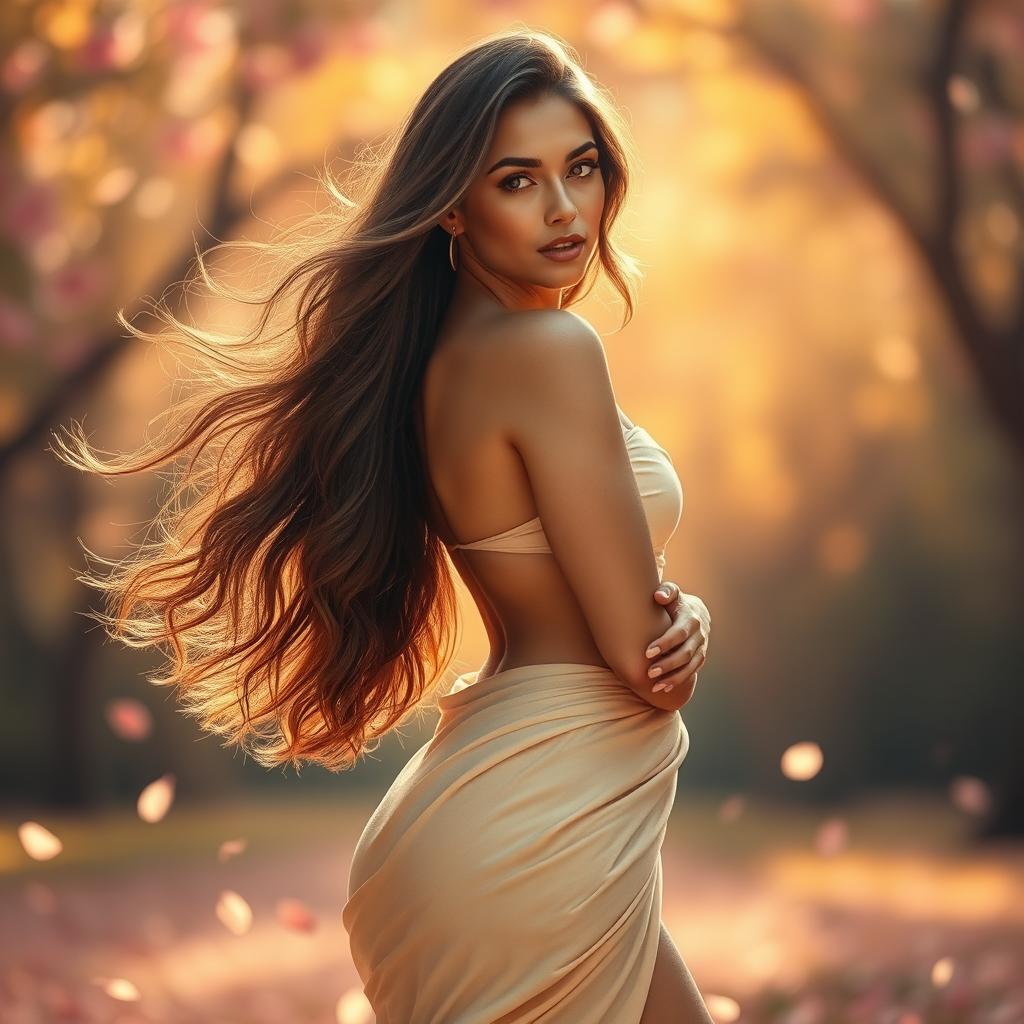 A beautiful woman with a confident pose, standing in a soft light that highlights her curves and elegance