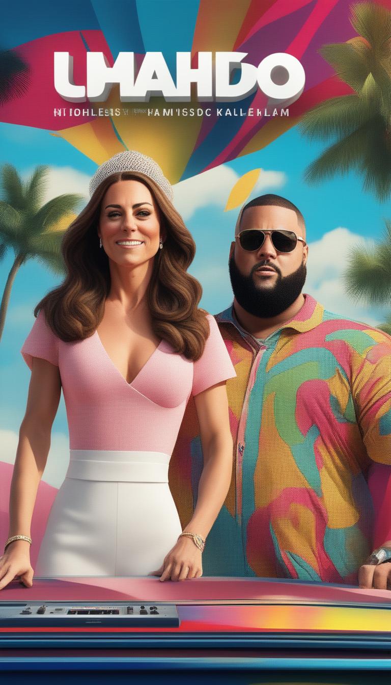 A vibrant, high-quality 3D render depicting Kate Middleton, the Duchess of Cambridge, confidently rapping on stage alongside DJ Khaled at a lively Miami music festival