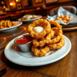 A plate of golden, crispy mozzarella onion rings, perfectly fried and glistening with oil, served with a side of marinara sauce for dipping