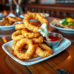 A plate of golden, crispy mozzarella onion rings, perfectly fried and glistening with oil, served with a side of marinara sauce for dipping