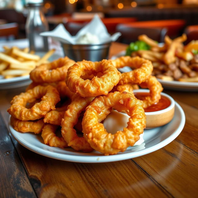 A plate of golden, crispy mozzarella onion rings, perfectly fried and glistening with oil, served with a side of marinara sauce for dipping