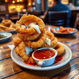 A plate of golden, crispy mozzarella onion rings, perfectly fried and glistening with oil, served with a side of marinara sauce for dipping