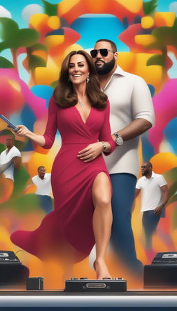 A vibrant, high-quality 3D render depicting Kate Middleton, the Duchess of Cambridge, confidently rapping on stage alongside DJ Khaled at a lively Miami music festival