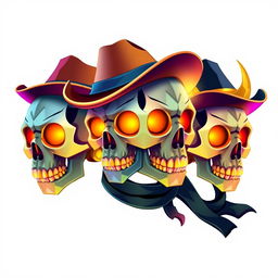 An image featuring three cute, colorful little skulls, each adorned with golden teeth
