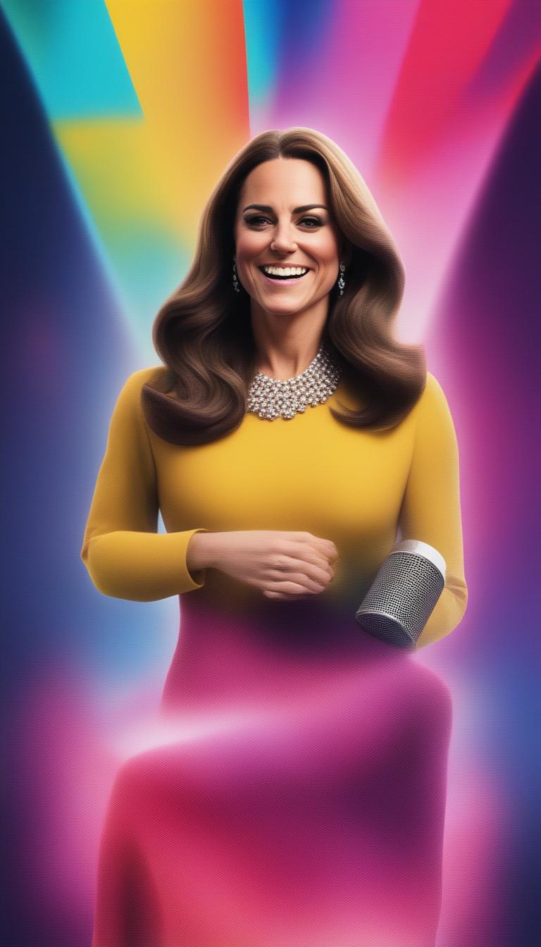 A vibrant, high-quality 3D render depicting Kate Middleton, the Duchess of Cambridge, confidently rapping on stage alongside DJ Khaled at a lively concert