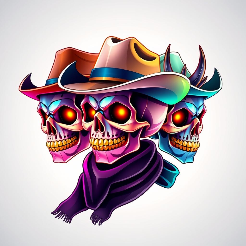 An image featuring three cute, colorful little skulls, each adorned with golden teeth