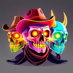 An image featuring three cute, colorful little skulls, each adorned with golden teeth