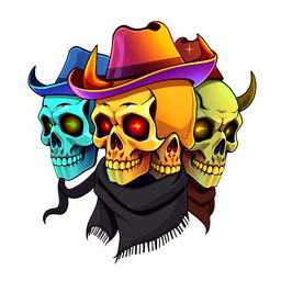 An image featuring three cute, colorful little skulls, each adorned with golden teeth