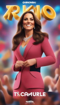 A vibrant, high-quality 3D render depicting Kate Middleton, the Duchess of Cambridge, confidently rapping on stage alongside DJ Khaled at a lively concert