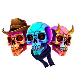 An image featuring three cute, colorful little skulls, each prominently decorated with golden teeth