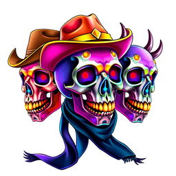 An image featuring three cute, colorful little skulls, each prominently decorated with golden teeth