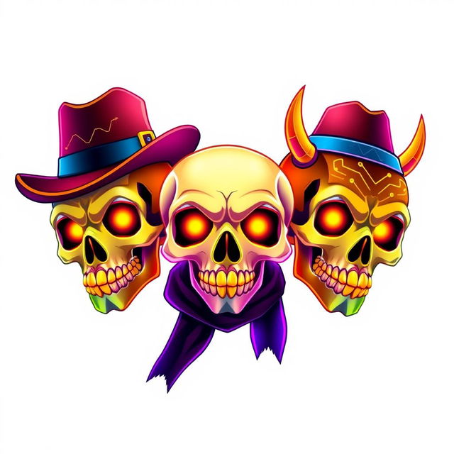 An image featuring three cute, colorful little skulls, each prominently decorated with golden teeth