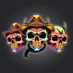 An image featuring three cute, colorful little skulls, each prominently decorated with golden teeth