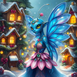An enchanting digital art illustration of a beautiful blue-skinned alien female, resembling a winged jeweled flower mantis person, infused with holiday magic