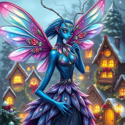 An enchanting digital art illustration of a beautiful blue-skinned alien female, resembling a winged jeweled flower mantis person, infused with holiday magic