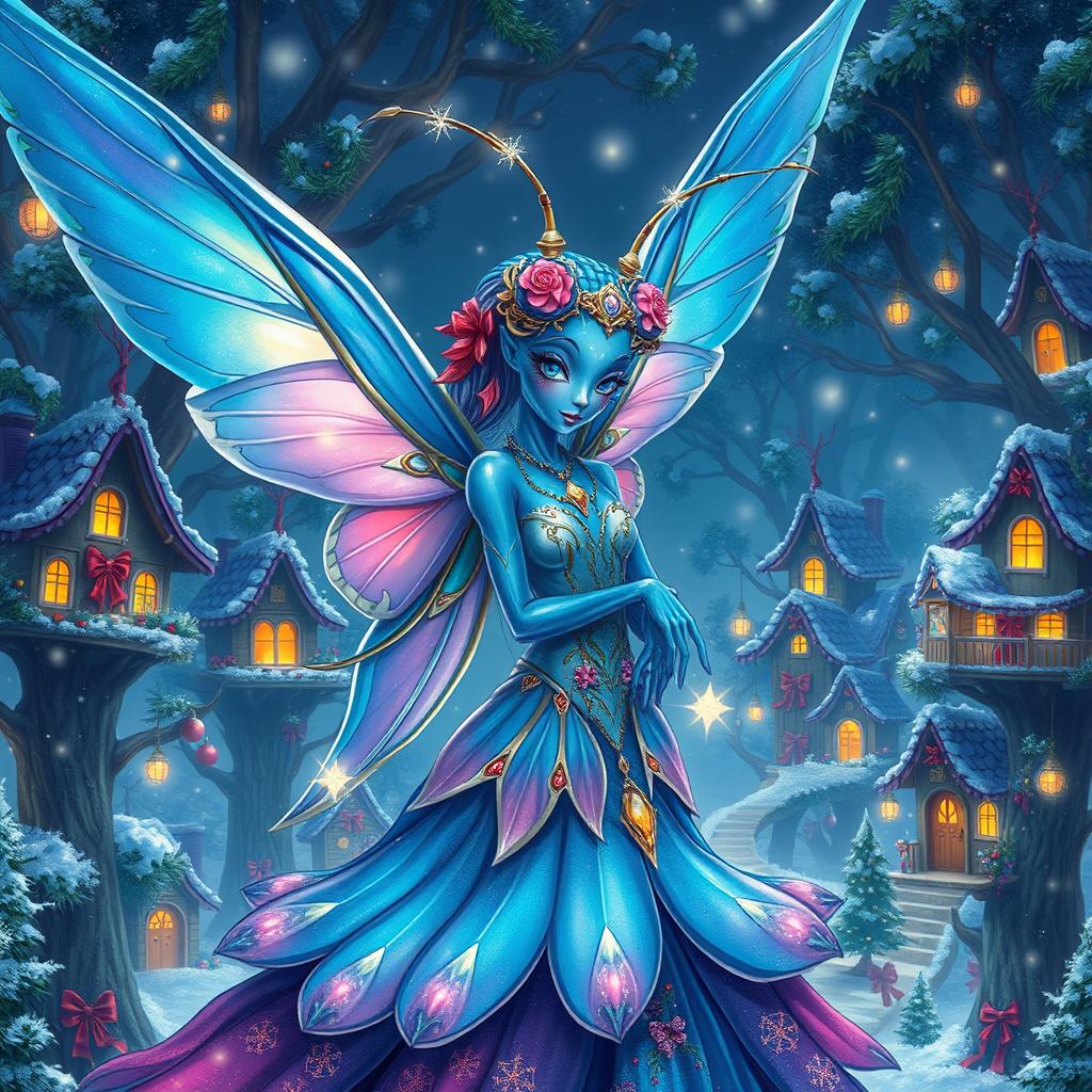 An enchanting digital art illustration of a beautiful blue-skinned alien female, resembling a winged jeweled flower mantis person, infused with holiday magic