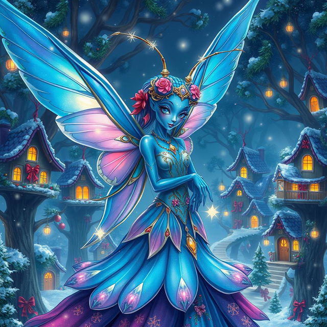 An enchanting digital art illustration of a beautiful blue-skinned alien female, resembling a winged jeweled flower mantis person, infused with holiday magic