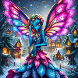 An enchanting digital art illustration of a beautiful blue-skinned alien female, resembling a winged jeweled flower mantis person, infused with holiday magic