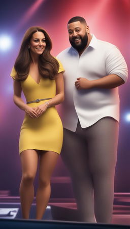 A highly realistic 3D render depicting Kate Middleton, the Duchess of Cambridge, confidently performing on stage alongside DJ Khaled at a lively concert