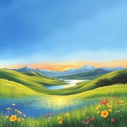 A beautifully completed painting based on a sketch featuring a serene landscape with rolling hills covered in lush green grass under a clear blue sky