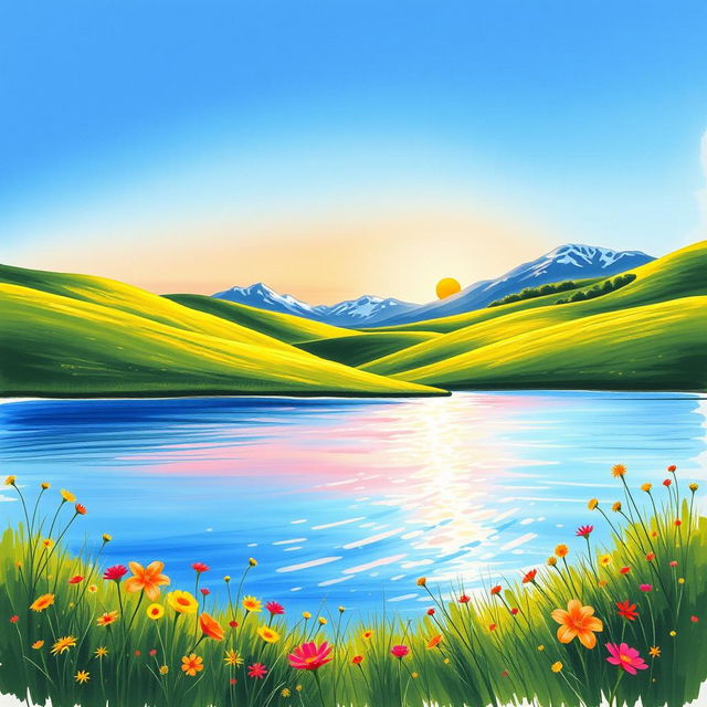 A beautifully completed painting based on a sketch featuring a serene landscape with rolling hills covered in lush green grass under a clear blue sky